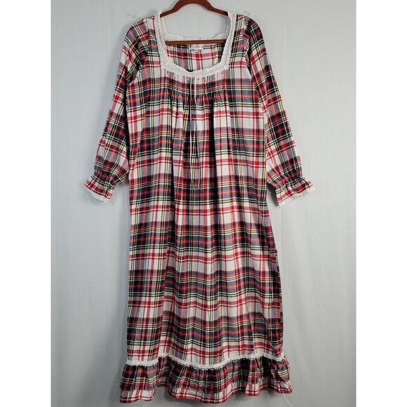 The 1 For U Plaid Flannel Lace Trim Ruffle Hem Nightgown sz M red multi classic - Picture 1 of 9